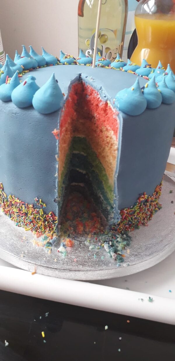 Rainbow cake sliced